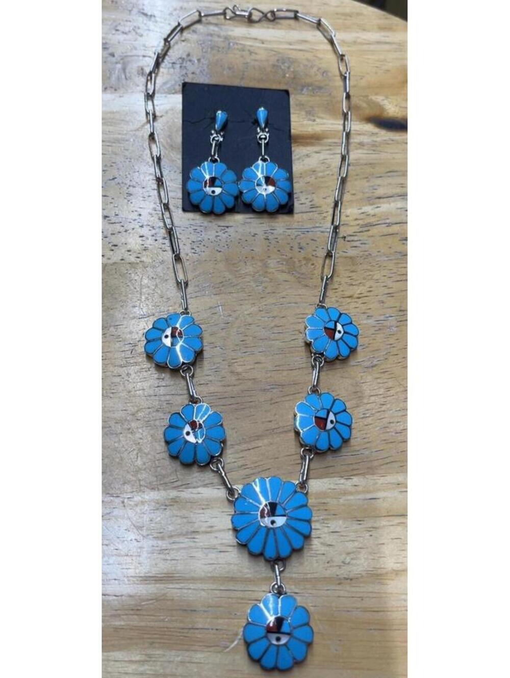 Zuni sterling silver necklace inlay turquoise, coral sunface set with earrings